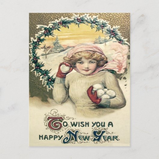 Girl Snowball Snow Holly Wreath Postkarte (Vorderseite)
