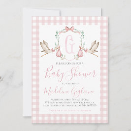 Girl Stork Baby Shower Preppy Gingham Pink Einladung