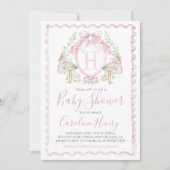 Girl Stork Baby Shower Preppy Gingham Pink Einladung (Vorderseite)