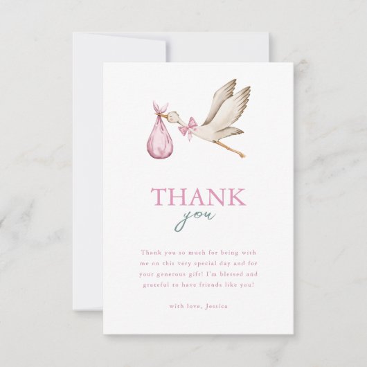 Girl Stork Es nimmt ein Village Winter Baby Dusche Dankeskarte (Vorderseite)