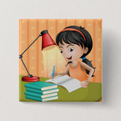 Girl Studying at Desk Doing Homework Button (Vorderseite)