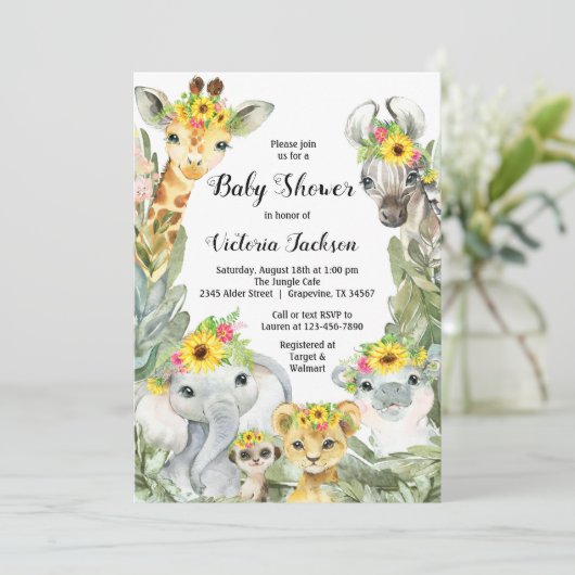 Girl Sunflower Safari Baby Dusche Einladung (Stehend Vorderseite)