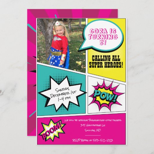 Girl Super Hero Birthday Party Einladung (Vorne/Hinten)