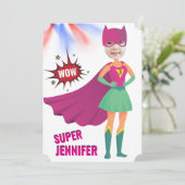 Girl Superhero 💥 Action Geburtstags-Foto Einladung (Stehend Vorderseite)