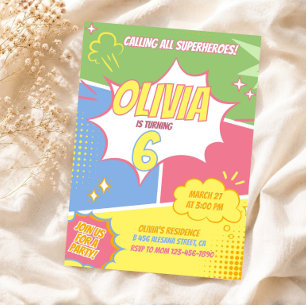 Girl Superhero Einladung zum Geburtstag Pastel Pin
