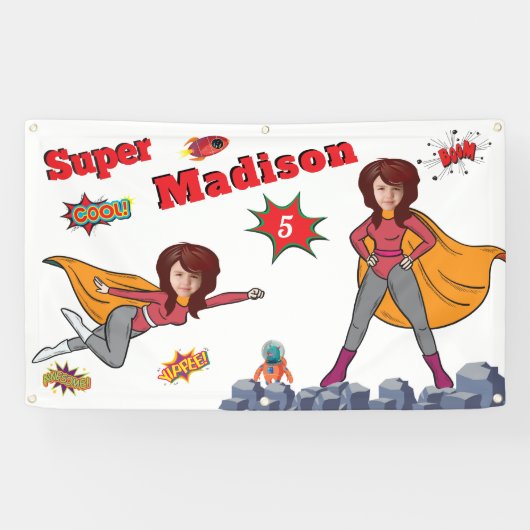Girl Superhero Flying 💥 Geburtstags-Foto Banner (Horizontal)