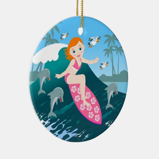 Girl Surfen Big Wave mit Delphinen Keramikornament (Rechts)