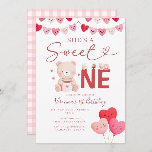 Girl Sweet One Bear Valentine Birthday Gift Party Einladung (Vorne/Hinten)