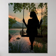 Girl Swinging Silhouette Lake Summer Sunset