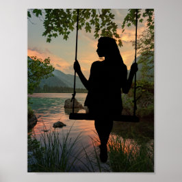 Girl Swinging Silhouette Lake Summer Sunset Poster