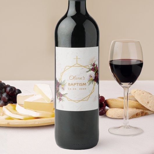 Girl Taufe Blumenmarmor Gold Peonies Butterfly Weinetikett