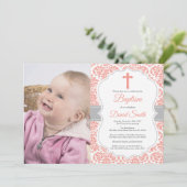 Girl-Taufe Einladung Kornrot und Grau Damask (Stehend Vorderseite)