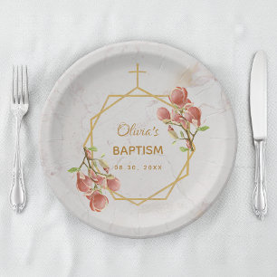 Girl Taufe Marmor Gold Pink Magnolia Geometric Pappteller