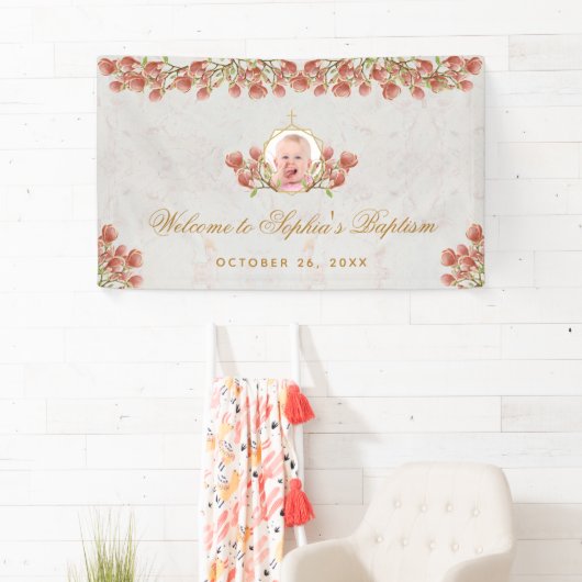 Girl Taufe Rosa Magnolia Gold Kalligrafie Foto Banner (Insitu)