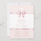 Girl Taufe Rosa Ribbon Bow & Cross Christening Einladung (Vorderseite)