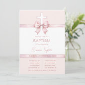 Girl Taufe Rosa Ribbon Bow & Cross Christening Einladung (Stehend Vorderseite)
