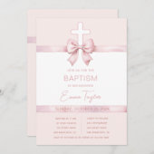 Girl Taufe Rosa Ribbon Bow & Cross Christening Einladung (Vorne/Hinten)
