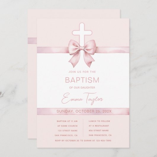 Girl Taufe Rosa Ribbon Bow & Cross Christening Einladung (Vorne/Hinten)