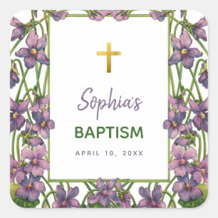 Girl Taufe Violet Lila grünes Goldkreuz Quadratischer Aufkleber