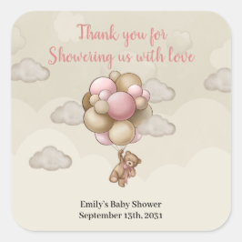 Girl Teddy Bär rosa-braune beige Ballons heiße Luf Quadratischer Aufkleber
