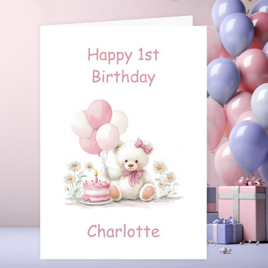 Girl Teddy Bear 1st Birthday Karte