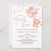 Girl Teddy Bear Balloon Baby Wait Baby Shooter Einladung (Vorderseite)