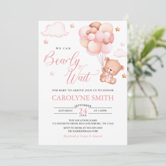 Girl Teddy Bear Balloon Baby Wait Baby Shooter Einladung (Stehend Vorderseite)