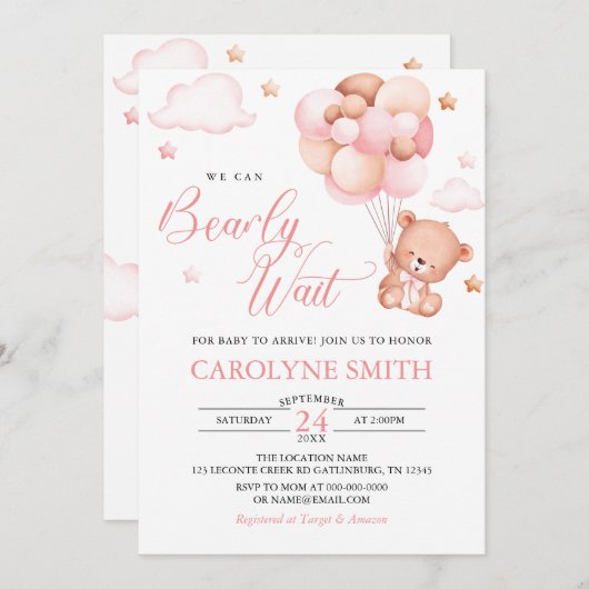 Girl Teddy Bear Balloon Baby Wait Baby Shooter Einladung (Vorne/Hinten)
