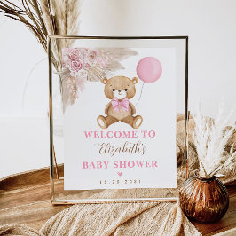 Girl Teddy Bear Boho Pink Pampas Willkommen Poster