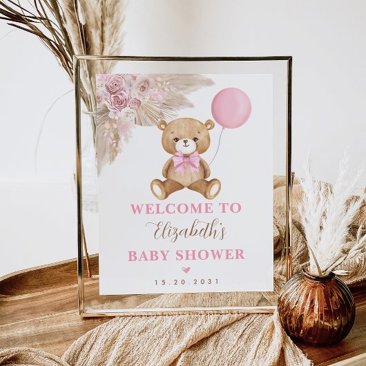 Girl Teddy Bear Boho Pink Pampas Willkommen Poster