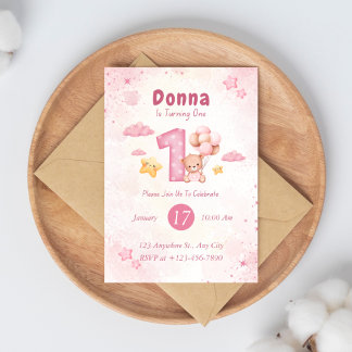 Girl Teddy Bear Pink 1. Geburtstag Einladung