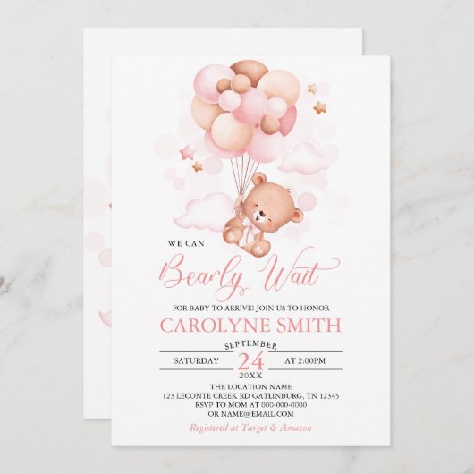 Girl Teddy Bear Pink Balloon Babydusche Einladung (Vorne/Hinten)