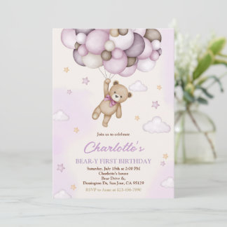 Girl Teddy Bear Pink Brown Balloons 1. Geburtstag Einladung