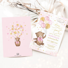 Girl Teddy Bear Pink Gold Balloons 1. Geburtstag Einladung