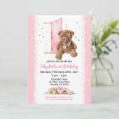 Girl Teddy Bear Wasserfarbenflora 1. Einladung (Stehend Vorderseite)