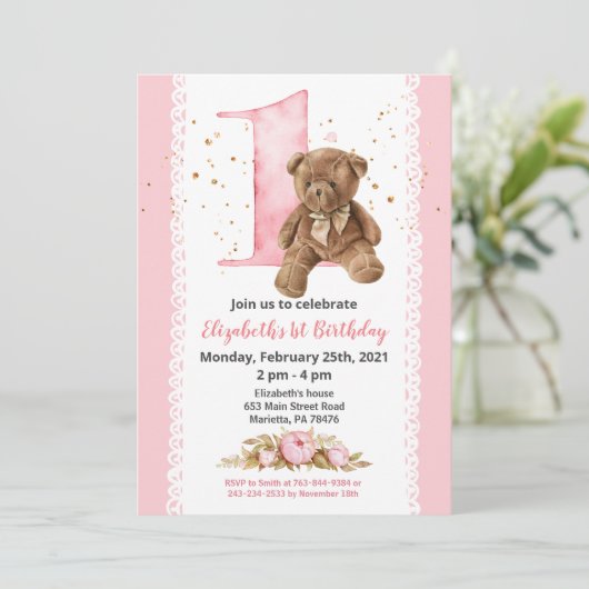 Girl Teddy Bear Wasserfarbenflora 1. Einladung (Stehend Vorderseite)