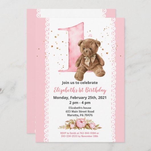 Girl Teddy Bear Wasserfarbenflora 1. Einladung (Vorne/Hinten)