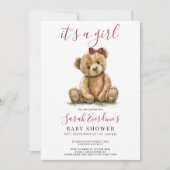 Girl Teddy Bear Watercolor Girl Babydusche Einladung (Vorderseite)