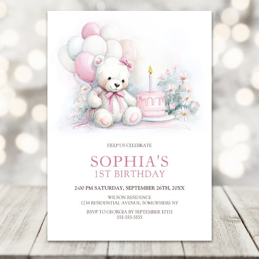 Girl Teddy Bear with Balloons 1st Birthday Einladung