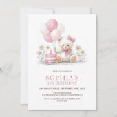 Girl Teddy Bear with Pink Balloons 1st Birthday Einladung (Vorderseite)