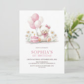 Girl Teddy Bear with Pink Balloons 1st Birthday Einladung (Stehend Vorderseite)