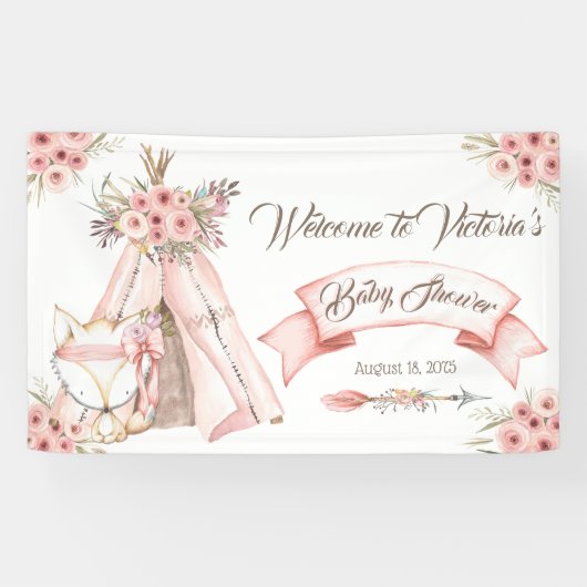 Girl TeePee Fox Baby Shower Banner (Horizontal)