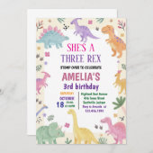 Girl Three Rex Dinosaur 3rd Birthday Einladung (Vorne/Hinten)