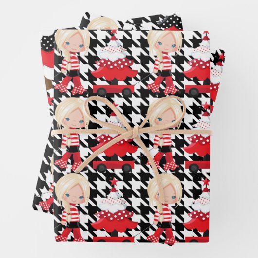 Girl Tree/Red Wagon Kariertes Weihnachtswrapping P Geschenkpapier Set (Beispiel)