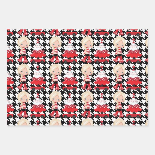 Girl Tree/Red Wagon Kariertes Weihnachtswrapping P Geschenkpapier Set (Vorderseite)