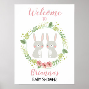 Girl Twin Bunny Welcome Baby Duschzeichen Poster