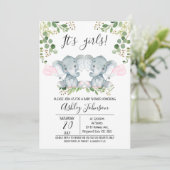 Girl Twin Elephant Balloons Babydusche Einladung (Stehend Vorderseite)