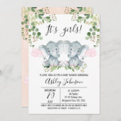 Girl Twin Elephant Balloons Babydusche Einladung (Vorne/Hinten)