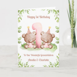 Girl Twins 1st Birthday Teddy Bears Card Karte