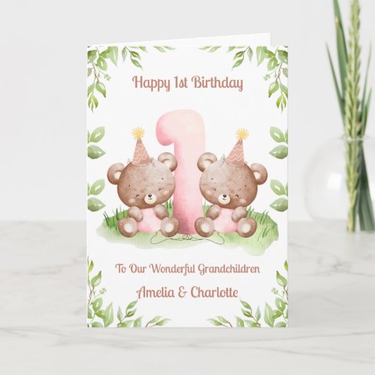 Girl Twins 1st Birthday Teddy Bears Card Karte (Vorderseite)